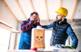 Man on a construction job site with chemicals in his eyes