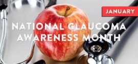 Apple with stethoscope and the words National Glaucoma Awareness Month in the foreground