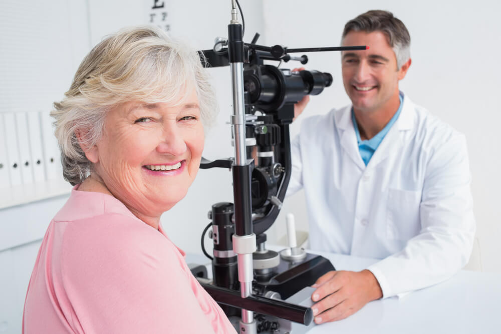 Patient and doctor in eye exam room