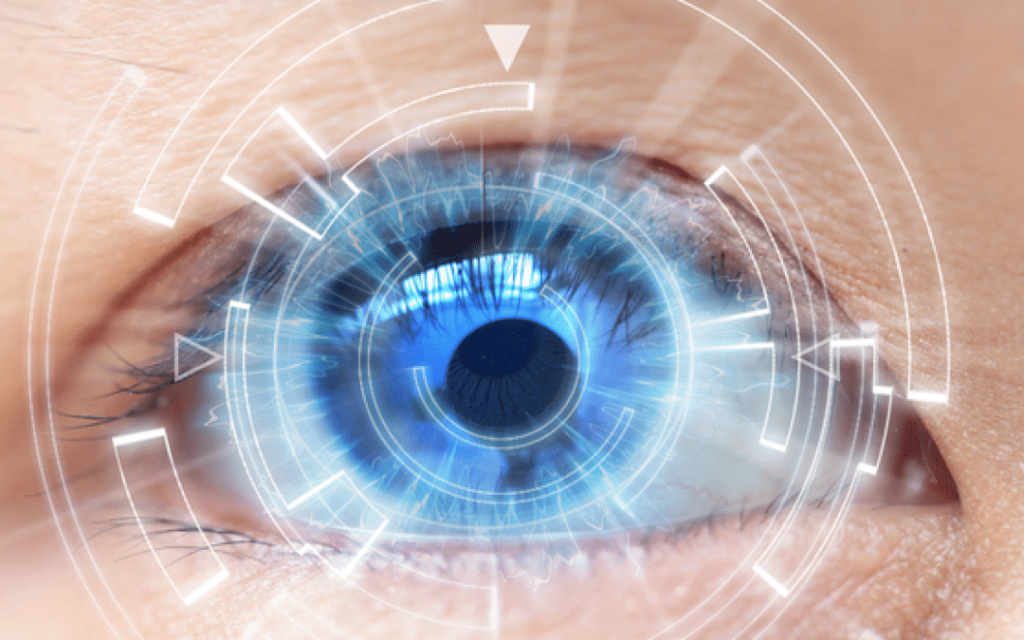 Closeup of eye with futuristic digital design around the eye